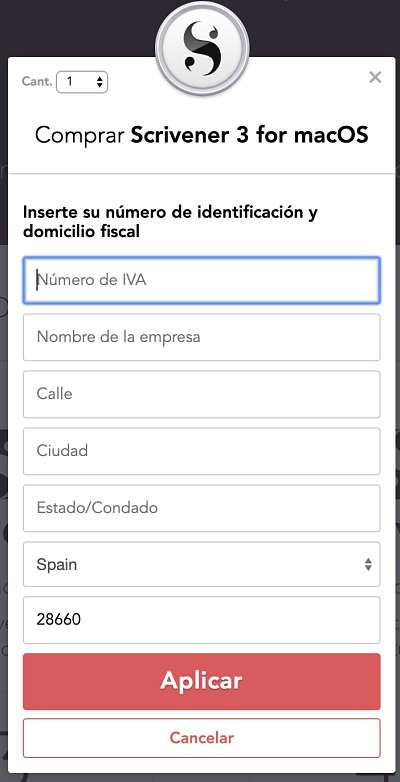 Cómo comprar Scrivener séptimo paso: añadir número de IVA