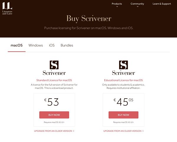 Buy Scrivener license operating system selection