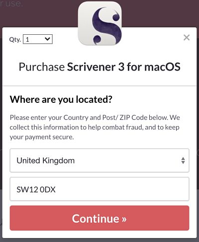 Select your location for Scrivener licence